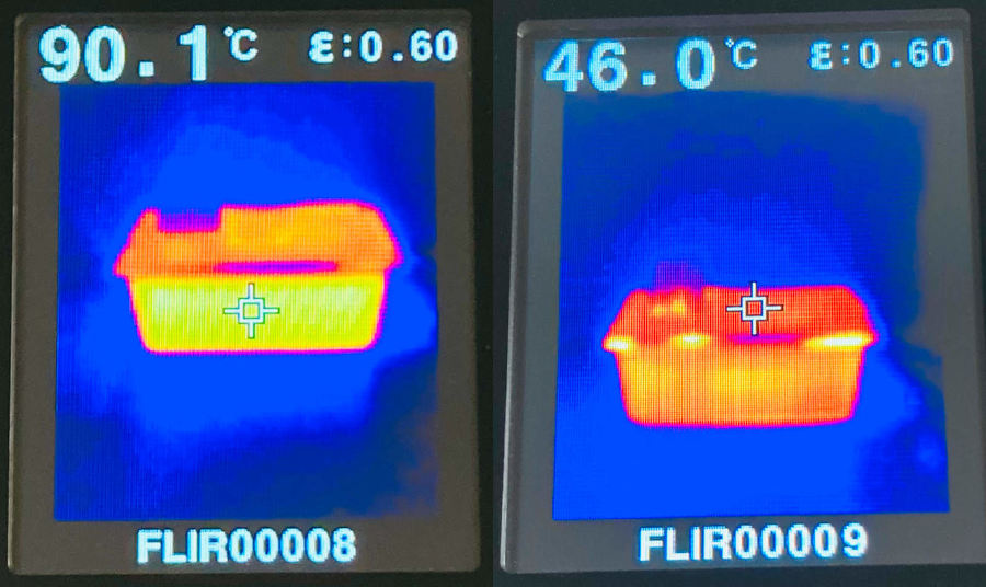 Image prise en infra rouge d'un bac gastro 1/1 avec et sans housse isolante pour cuisson sous vide et économiser de l'électricité